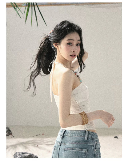 "Fragments of Tenderness" Frost White Halter Twist Crop Top