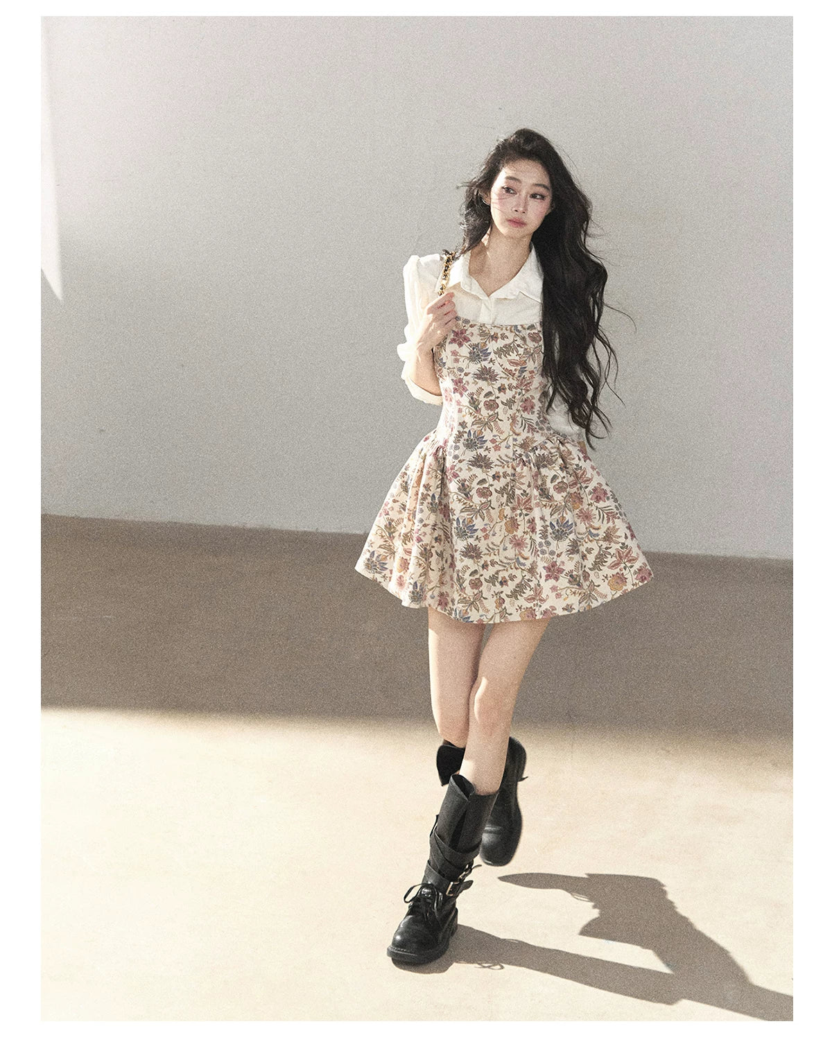 AOMALM - Dutch Cheese Floral Mini Dress & Creamy White Blouse Set