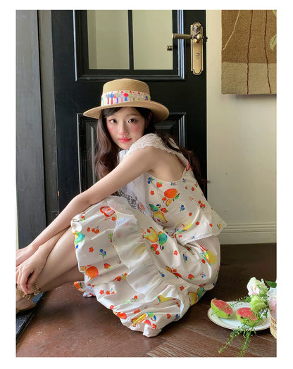 “Honeyfruit Summer Breeze” Beige Printed Skirt Set