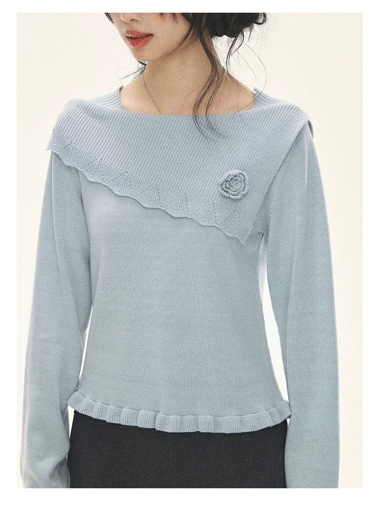"Sea Salt Bloom" Sea Salt Blue Off-Shoulder Ruffle Knit Sweater