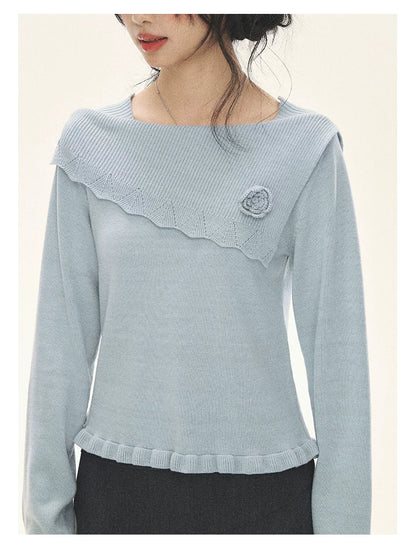 "Sea Salt Bloom" Sea Salt Blue Off-Shoulder Ruffle Knit Sweater