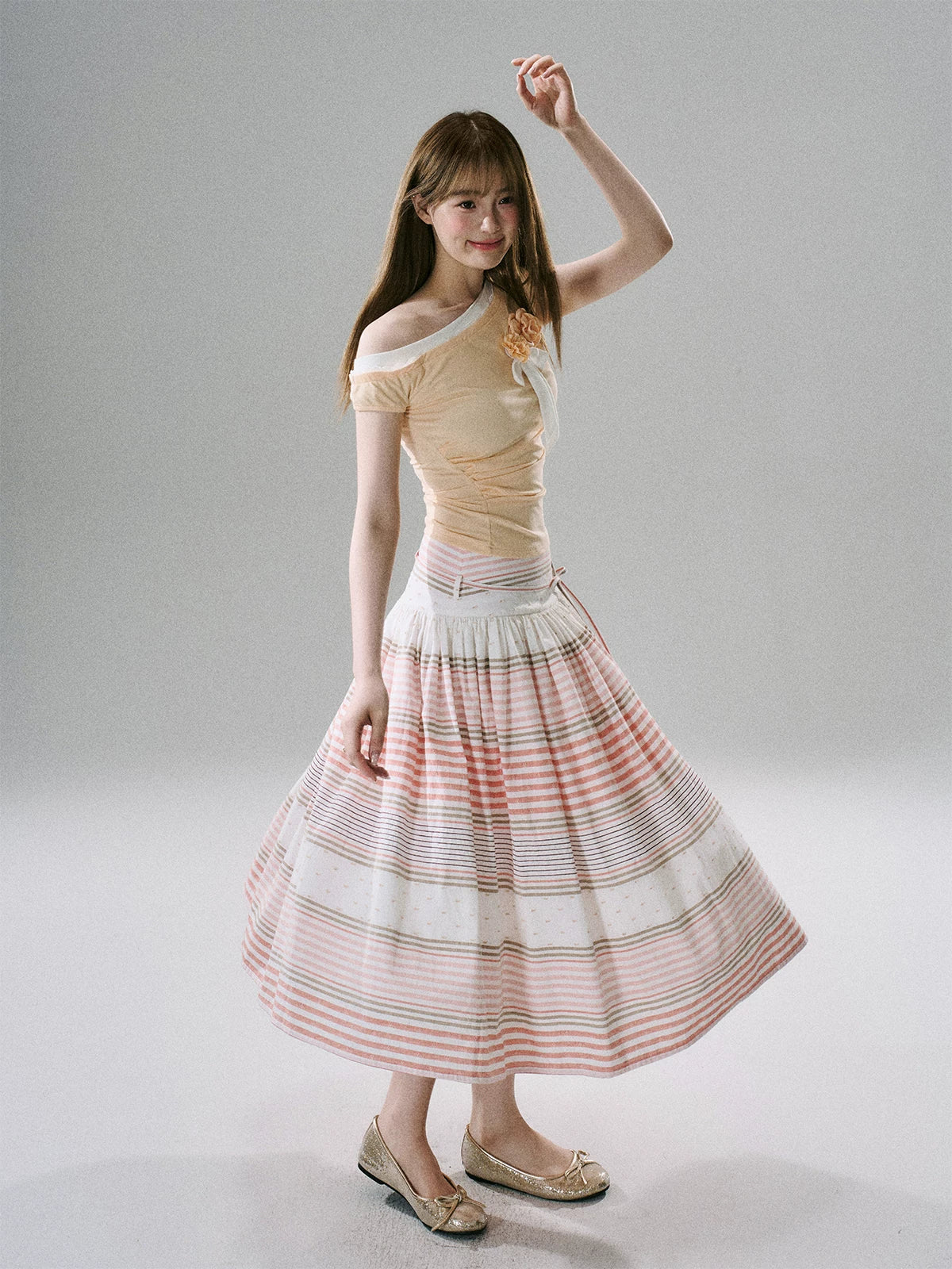 LOST FOREST - Flower Belt Striped Midi Dress (Natural Hemp / Blue Stripe / Orange Stripe)