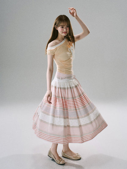 LOST FOREST - Flower Belt Striped Midi Dress (Natural Hemp / Blue Stripe / Orange Stripe)