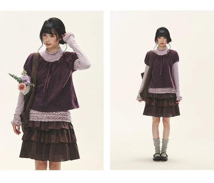 "Violet Journal" Grape Purple Bow Lace Short Sleeve Knit Top