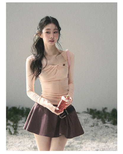 “Corridor Chimes” Chestnut Brown A-Line Puff Mini Skirt