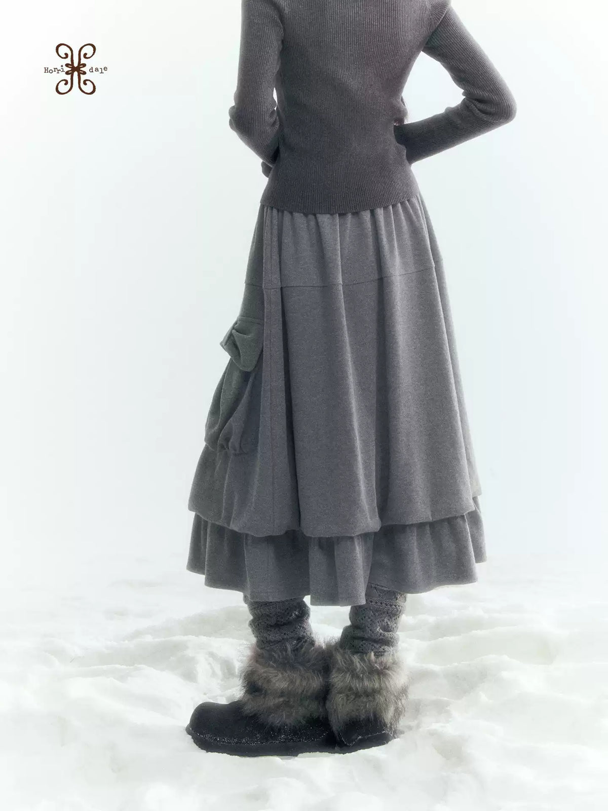 Horridale - Light Gray Pleated Knit Bubble Skirt with Oversized Pockets