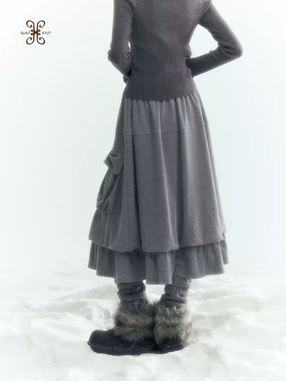 Horridale - Light Gray Pleated Knit Bubble Skirt with Oversized Pockets