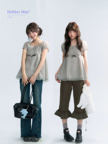 "Polka Dot Constellation" Gray Polka Dot Square Neck Puff Sleeve Top