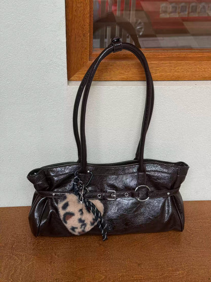 “Vintage Waxed Leather” Korean-Style Tote Shoulder Bag (Black / Brown / Burgundy)