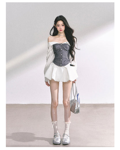 少也眼 "London Crush" Off-Shoulder Dual-Layer Long-Sleeve Spicy Girl Tee - Gray White