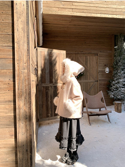 阮阮自制 - Soft Fog Apricot Pink Witch Hooded Wool Coat