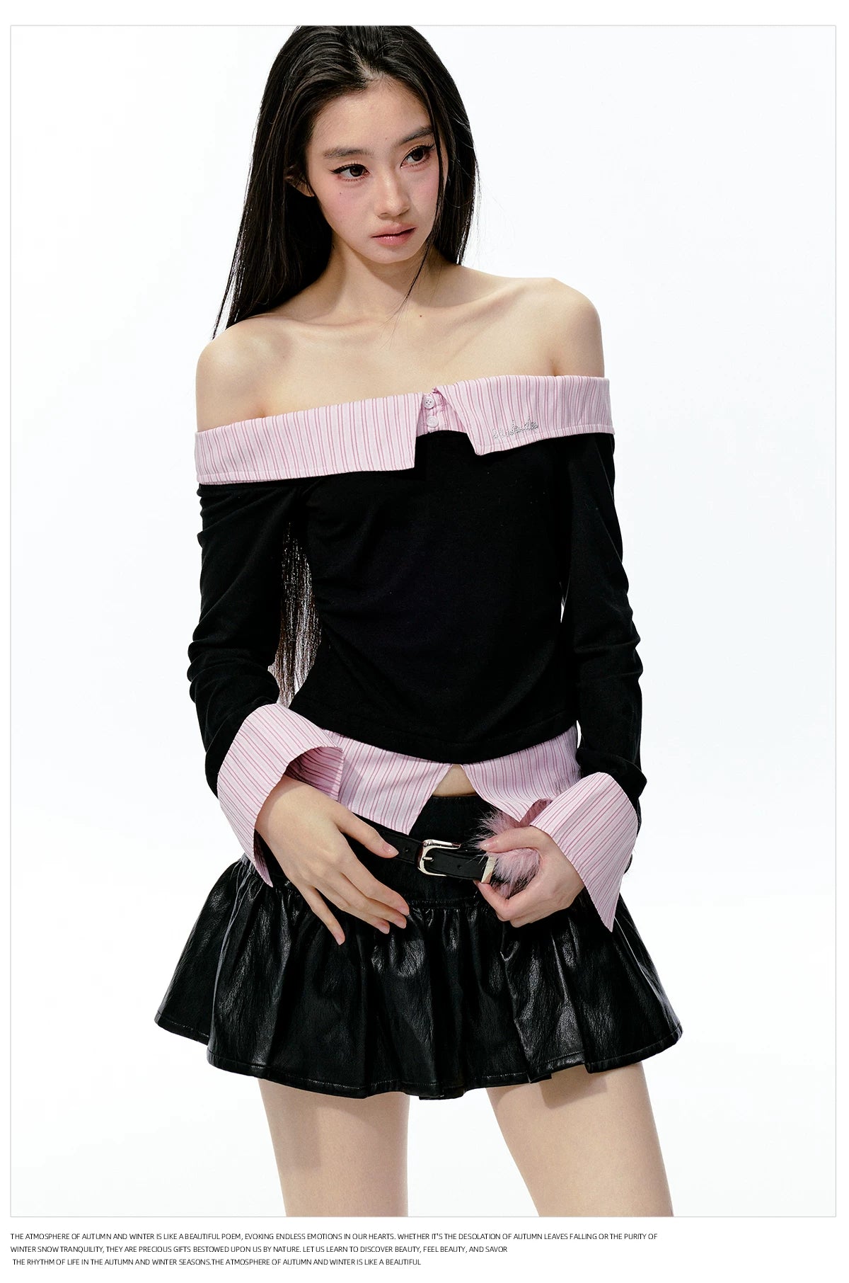 JN's DESIGN - Black & Pink Off-Shoulder Ruched Waist Top with Rhinestone Logo