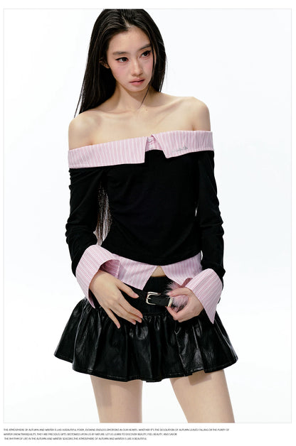 JN's DESIGN - Black & Pink Off-Shoulder Ruched Waist Top with Rhinestone Logo