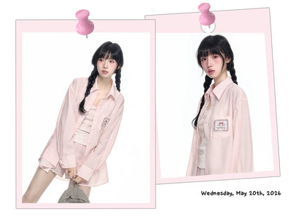 170726K "Campus Icons" Gray Purple Relaxed Polo Overshirt (Kuromi / My Melody / Cinnamoroll)