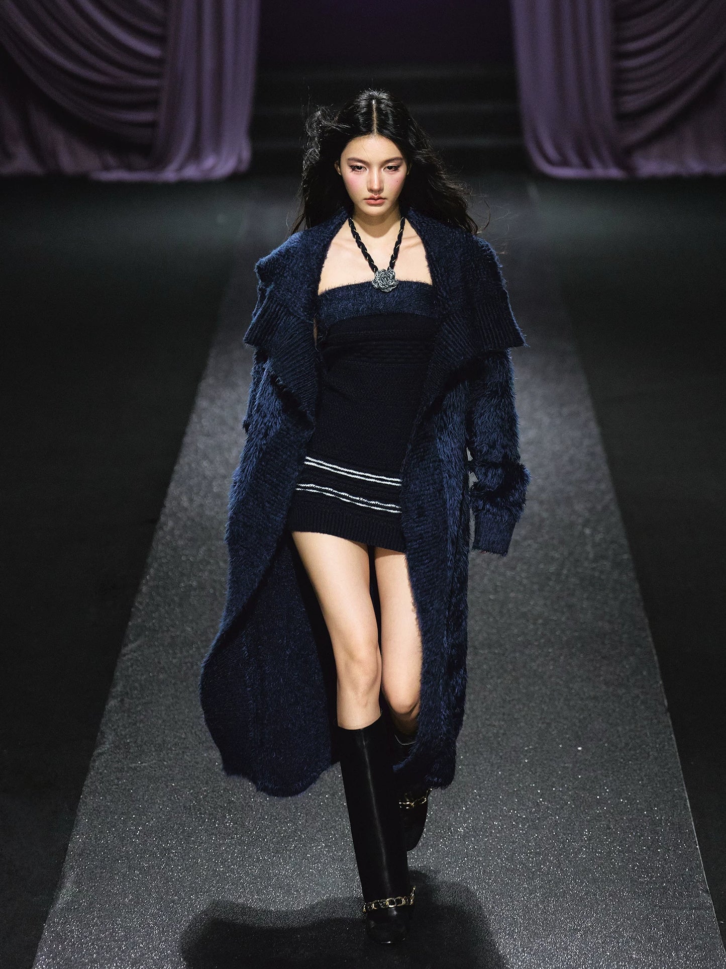 "Midnight Bloom" Navy Hand-Crochet Floral Contrast Knit Dress & Oversized Shawl Collar Knit Cardigan Set