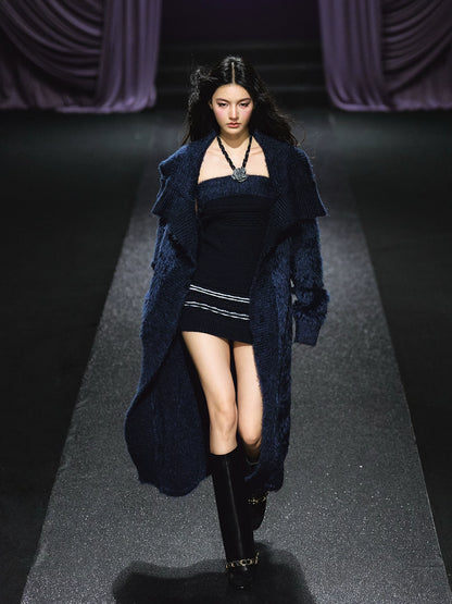 "Midnight Bloom" Navy Hand-Crochet Floral Contrast Knit Dress & Oversized Shawl Collar Knit Cardigan Set