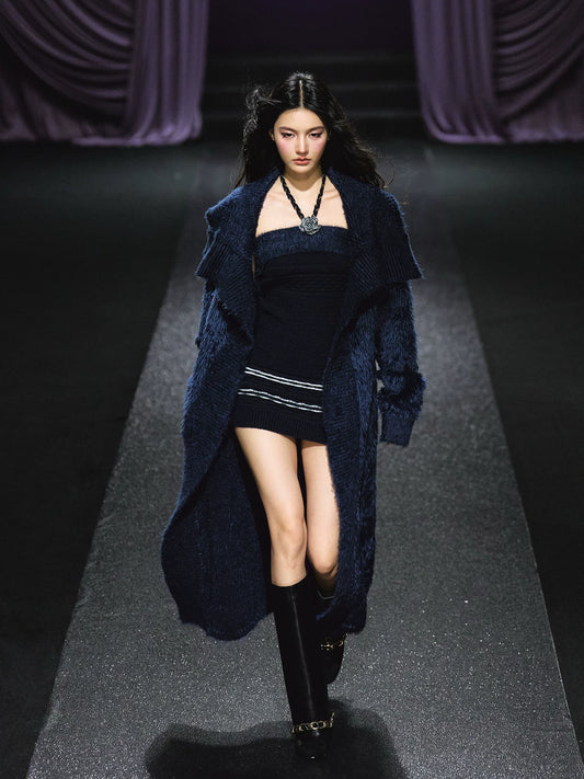 "Midnight Bloom" Navy Hand-Crochet Floral Contrast Knit Dress & Oversized Shawl Collar Knit Cardigan Set