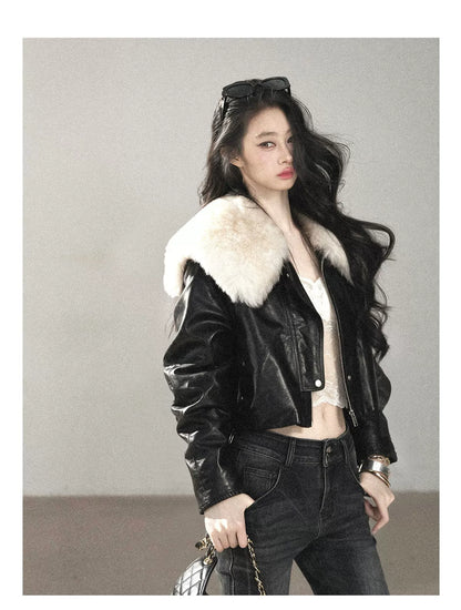 AOMALM - Black Lambskin Leather Goose Down Jacket