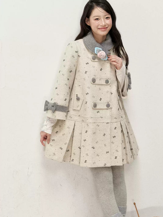 [RF] Oatmeal Heather Bow-Print Double-Breasted A-Line Coat