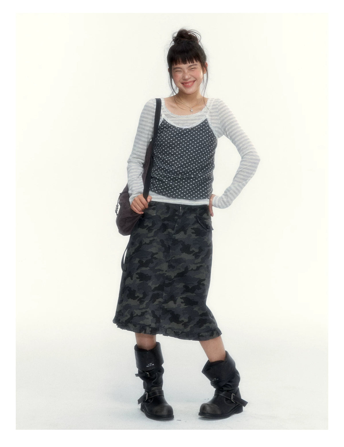 “Early Gray” Light Gray Striped Lace-Trimmed Fitted Long-Sleeve Top
