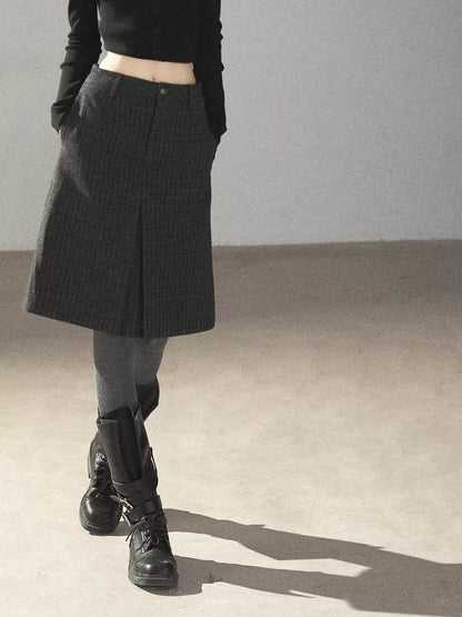 AOMALM - Rich Black Wool-Blend Pleated A-Line Midi Skirt