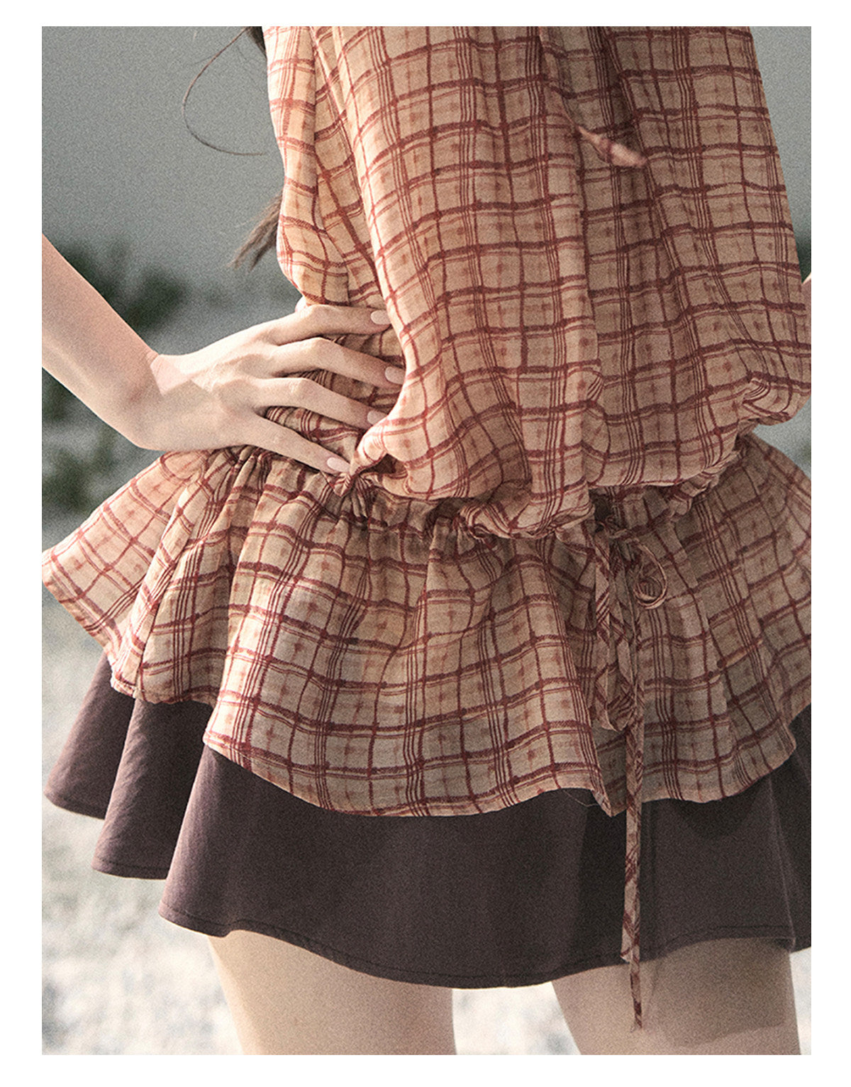 “Maple Whisper” Rust Red Halter Plaid Slim Tee