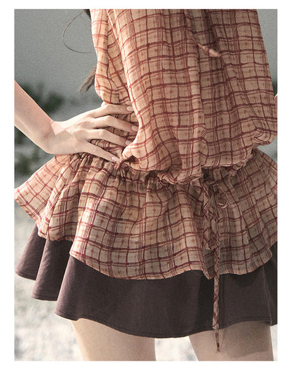 “Maple Whisper” Rust Red Halter Plaid Slim Tee