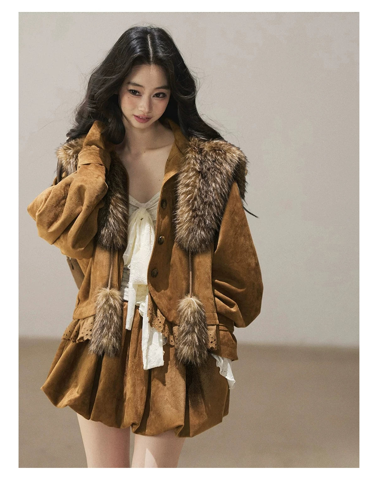 AOMALM - “Velvet Collar in the Evening Breeze” Chestnut Brown Faux Fur Shawl