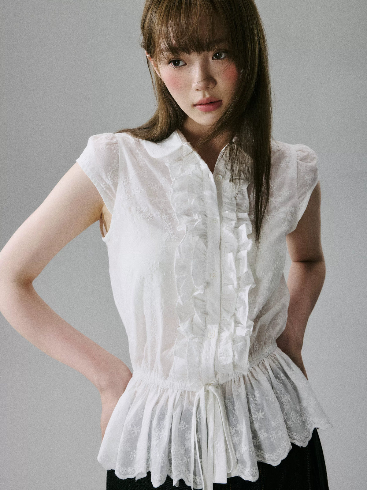 LOST FOREST - White Embroidered Ruffle Sleeve Cotton Blouse