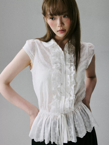 LOST FOREST - White Embroidered Ruffle Sleeve Cotton Blouse