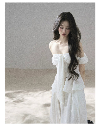 "Lazy Soliloquy" White Peplum Top & Wide-Leg Pants Set