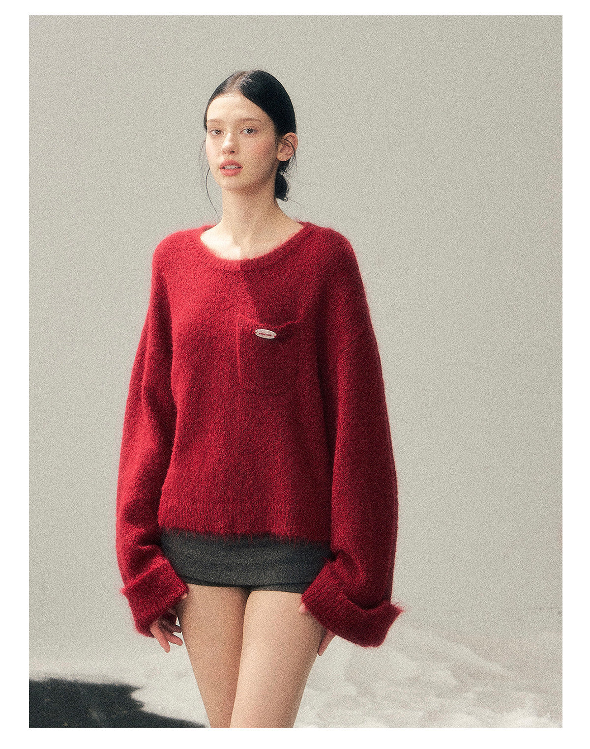 少也眼 “Winter Snow Holds Gentle Warmth” Angora-Blend French Red Knit Sweater
