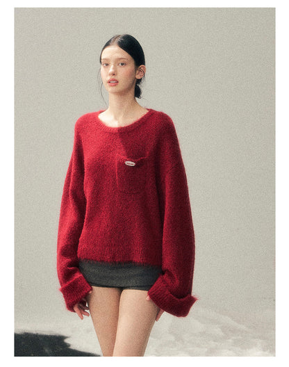 少也眼 “Winter Snow Holds Gentle Warmth” Angora-Blend French Red Knit Sweater