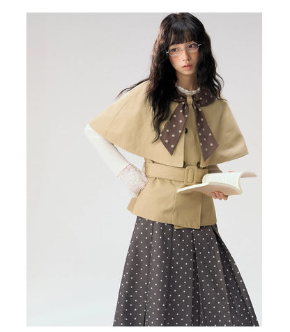 [CAN] "Afternoon Tea Break" Khaki Bow Cape Trench Coat Set
