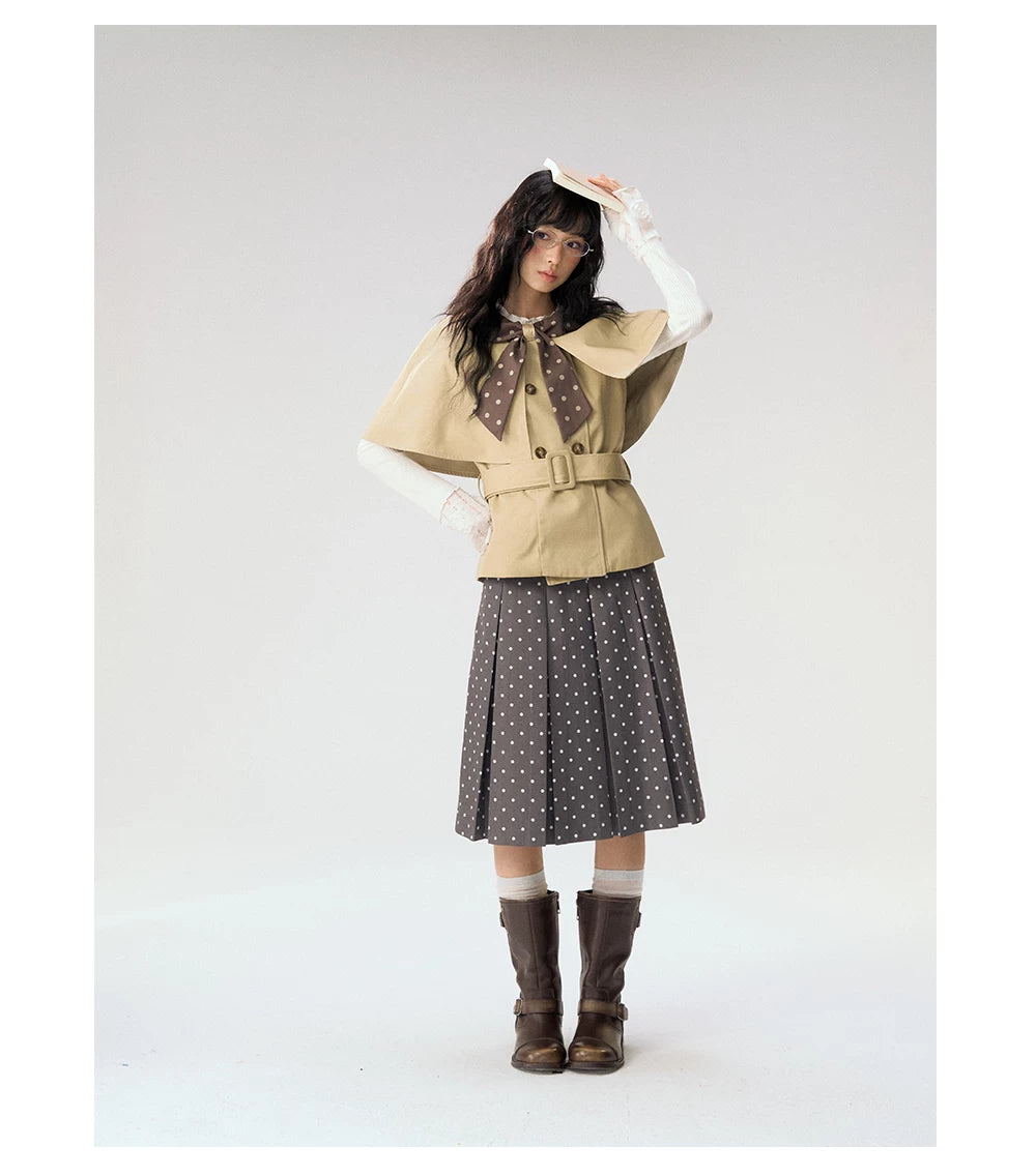 [CAN] "Afternoon Tea Break" Khaki Bow Cape Trench Coat Set