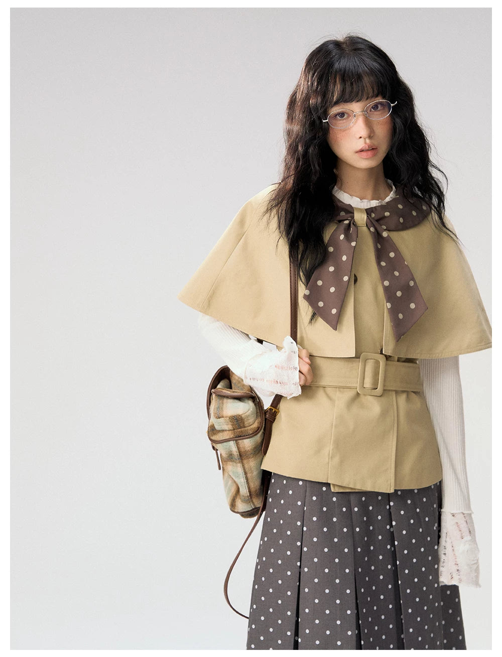 [CAN] "Afternoon Tea Break" Khaki Bow Cape Trench Coat Set