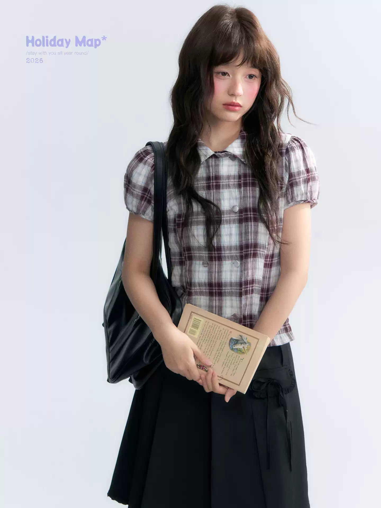 "Violet Mist Bow" Purple Brown Plaid Blouse