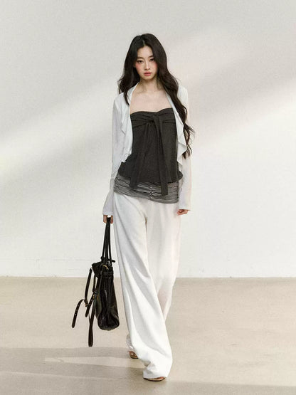 JN's DESIGN - White Wide-Leg Pants with Contrast Striped Waistband