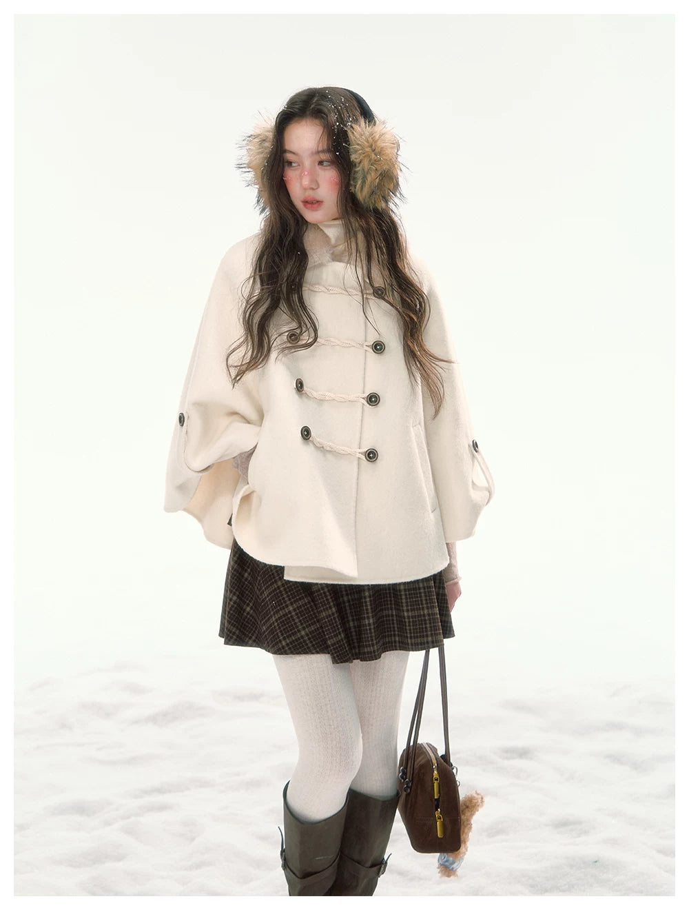 CANSTORE - "Pine Reverie" Ivory Wool-Blend Cape Coat with Faux Fur Collar