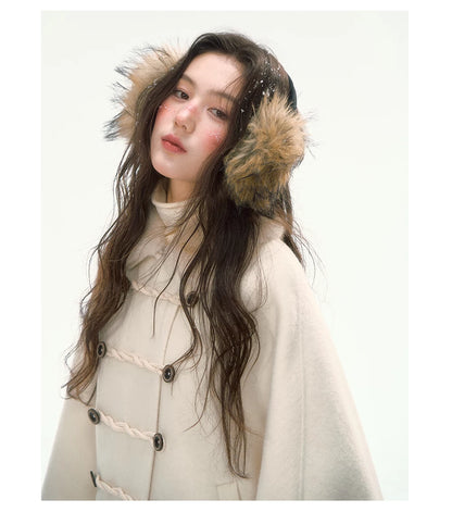 CANSTORE - "Pine Reverie" Ivory Wool-Blend Cape Coat with Faux Fur Collar