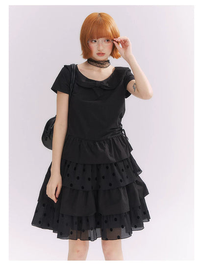 “Midnight Sweetheart” Black Korean-Style Bow Polka Dot Tiered Dress