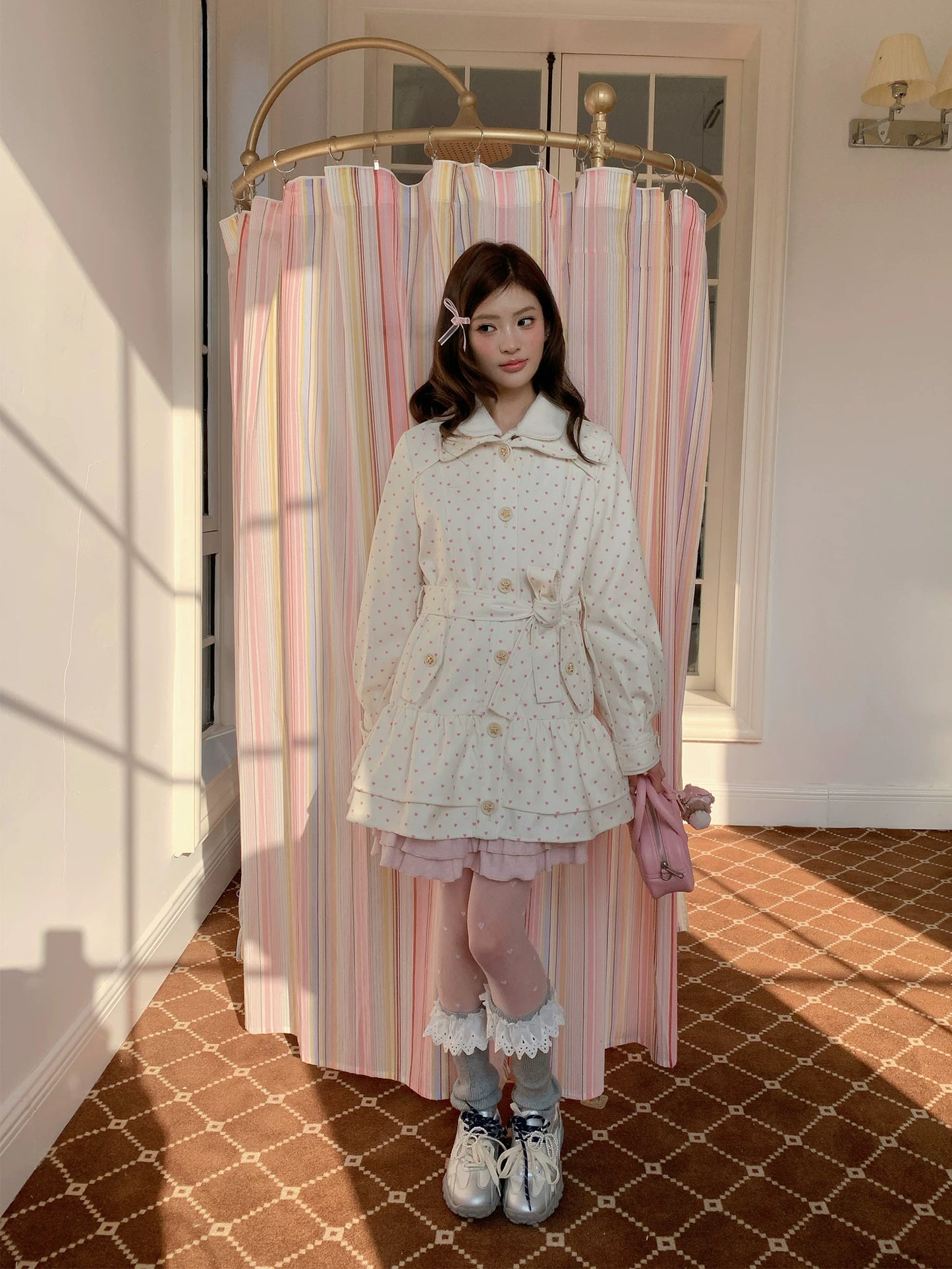 “Sweetheart Whisper” Beige Apricot Heart Print Midi Dress