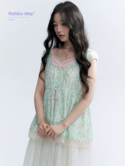 "Mint Blossom" Mint Green Floral Layered Floral Babydoll Top