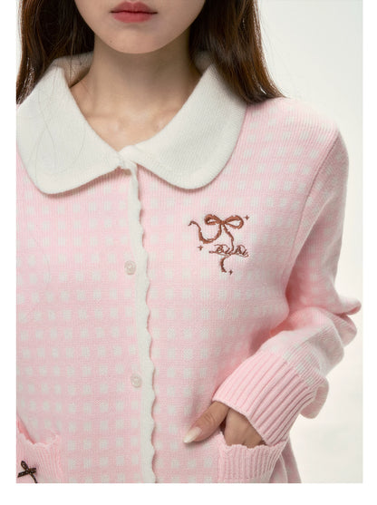 BIBIBENCY - Pink Plaid Bow Knit Sweater