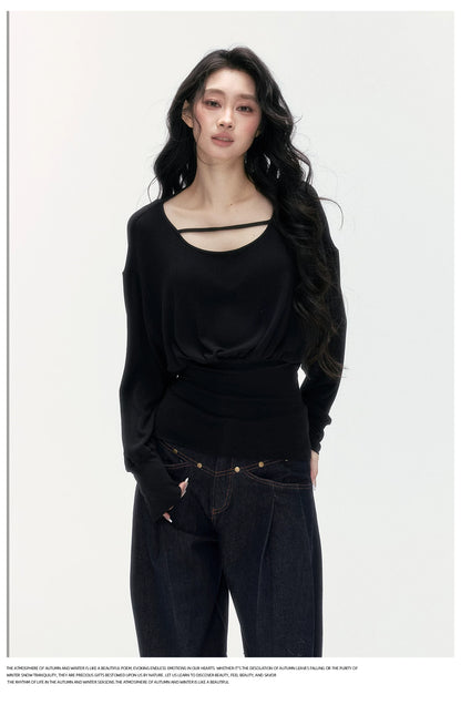 24olvides - Boat Neck Long Sleeve Top with Lace Open Back (Beige / Black)