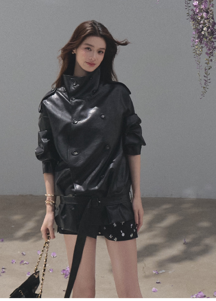 OAKMOO/ Belted Double-Breasted Trench Jacket (Deep Black / Hazel Khaki)