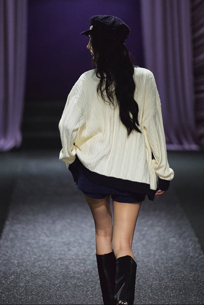 Contrast Knit Cardigan, V-Neck Tank & A-Line Skort Three-Piece Set
