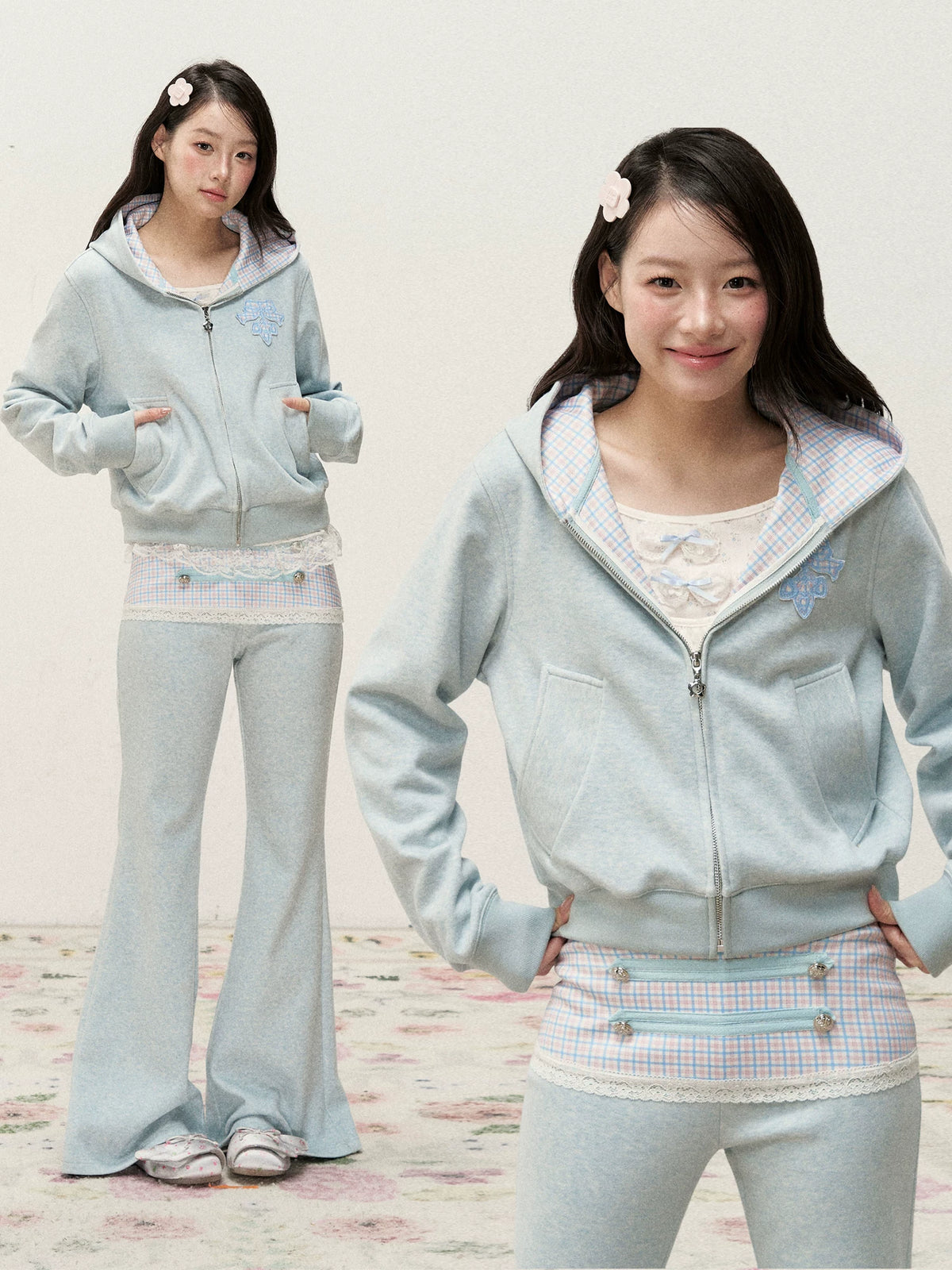 [RF] Soft Gingham Color-Block Hoodie and Flare Pants Set (Blue / Mauve)