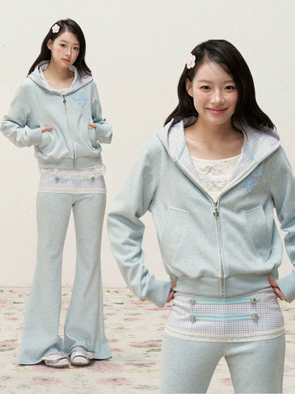 [RF] Soft Gingham Color-Block Hoodie and Flare Pants Set (Blue / Mauve)