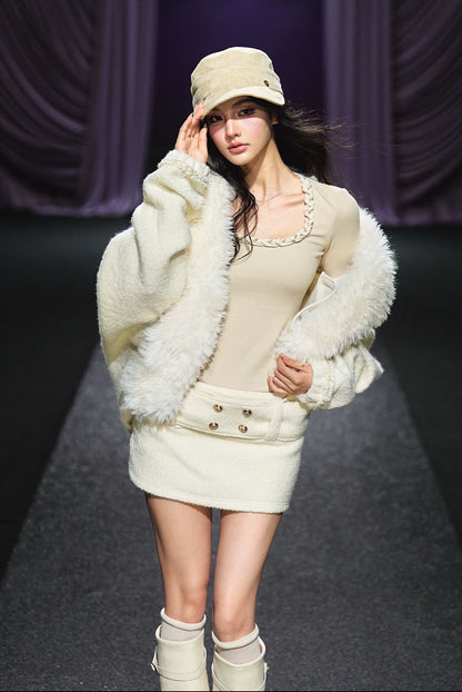"Winter Heiress" Ivory Wool-Blend Belted A-Line Mini Skirt